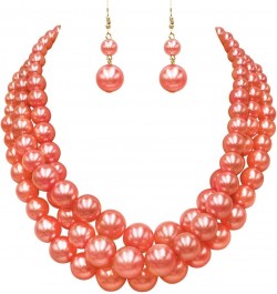 Women's 3 Colorful Multi Strands Simulated Pearl Necklace And Earrings Jewelry Gift Set, 18"+3" Extender Orange Gold Tone - D...