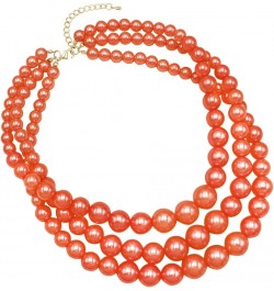 Women's 3 Colorful Multi Strands Simulated Pearl Necklace And Earrings Jewelry Gift Set, 18"+3" Extender Orange Gold Tone - D...