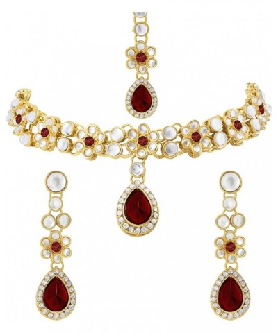 Faux Stone Studded Necklace Earrings Set Indian Traditional Wedding Jewelry For Women Girls Maroon-1 $12.52 Jewelry Sets