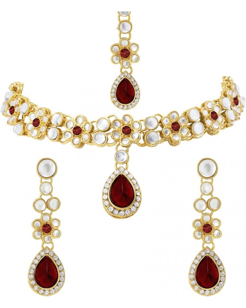 Faux Stone Studded Necklace Earrings Set Indian Traditional Wedding Jewelry For Women Girls Maroon-1 $12.52 Jewelry Sets