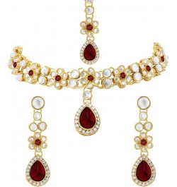 Faux Stone Studded Necklace Earrings Set Indian Traditional Wedding Jewelry For Women Girls Maroon-1 $12.52 Jewelry Sets