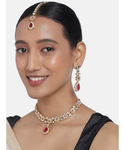 Faux Stone Studded Necklace Earrings Set Indian Traditional Wedding Jewelry For Women Girls Maroon-1 $12.52 Jewelry Sets