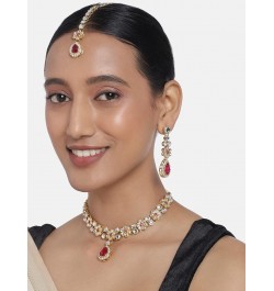 Faux Stone Studded Necklace Earrings Set Indian Traditional Wedding Jewelry For Women Girls Maroon-1 $12.52 Jewelry Sets