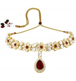 Faux Stone Studded Necklace Earrings Set Indian Traditional Wedding Jewelry For Women Girls Maroon-1 $12.52 Jewelry Sets