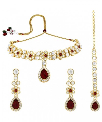 Faux Stone Studded Necklace Earrings Set Indian Traditional Wedding Jewelry For Women Girls Maroon-1 $12.52 Jewelry Sets