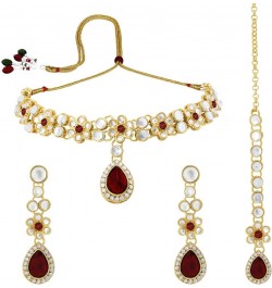 Faux Stone Studded Necklace Earrings Set Indian Traditional Wedding Jewelry For Women Girls Maroon-1 $12.52 Jewelry Sets