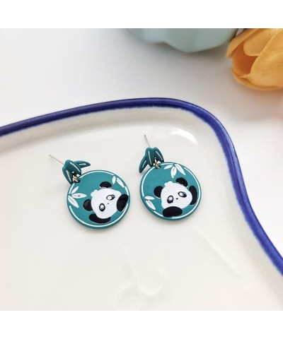 Cute Panda Earrings Danglg Jewelry Enamel Alloy Asymmetrical Bamboo Bear Pearl Stud Earrings for Women Girls Charms Gifts Blu...