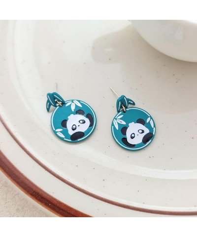 Cute Panda Earrings Danglg Jewelry Enamel Alloy Asymmetrical Bamboo Bear Pearl Stud Earrings for Women Girls Charms Gifts Blu...