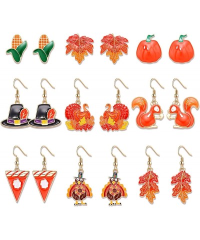 9 Pairs Thanksgiving Fall Earrings Harvest Pumpkin Maple Leaf Stud Earrings for Women Cute Squirrel Turkey Dangle Earrings Th...