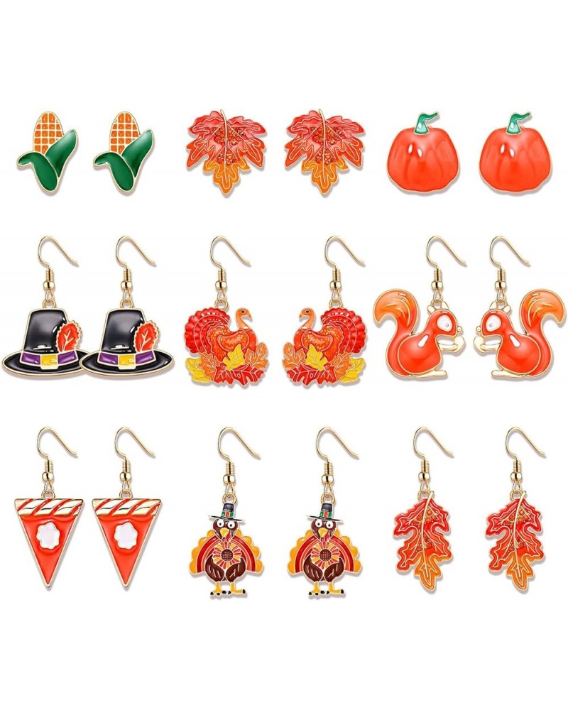 9 Pairs Thanksgiving Fall Earrings Harvest Pumpkin Maple Leaf Stud Earrings for Women Cute Squirrel Turkey Dangle Earrings Th...