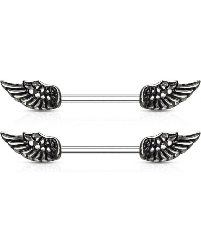 14G Angel Wings 316L Surgical Steel Nipple Barbell Ring PAIR - Antique Silver $10.82 Body Jewelry