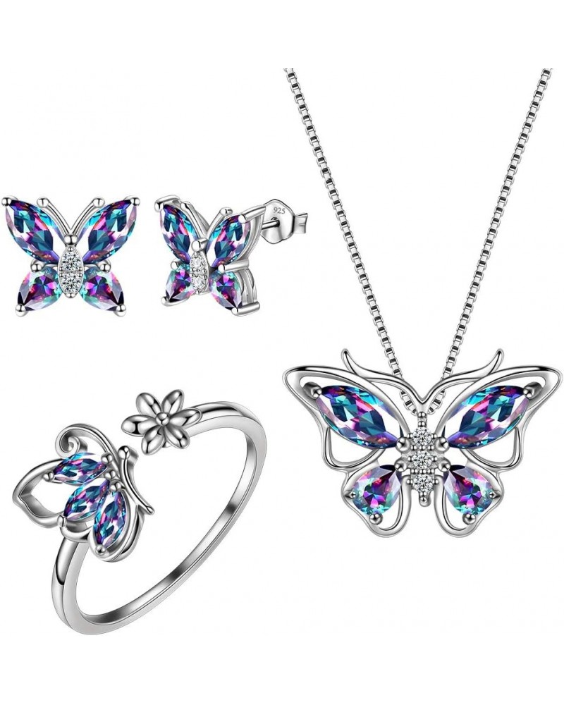 Butterfly Jewelry,Women 925 Sterling Silver Butterflies Birthstone Pendant Necklace/Earrings/Rings Wedding Gift M.Mysitc-set ...