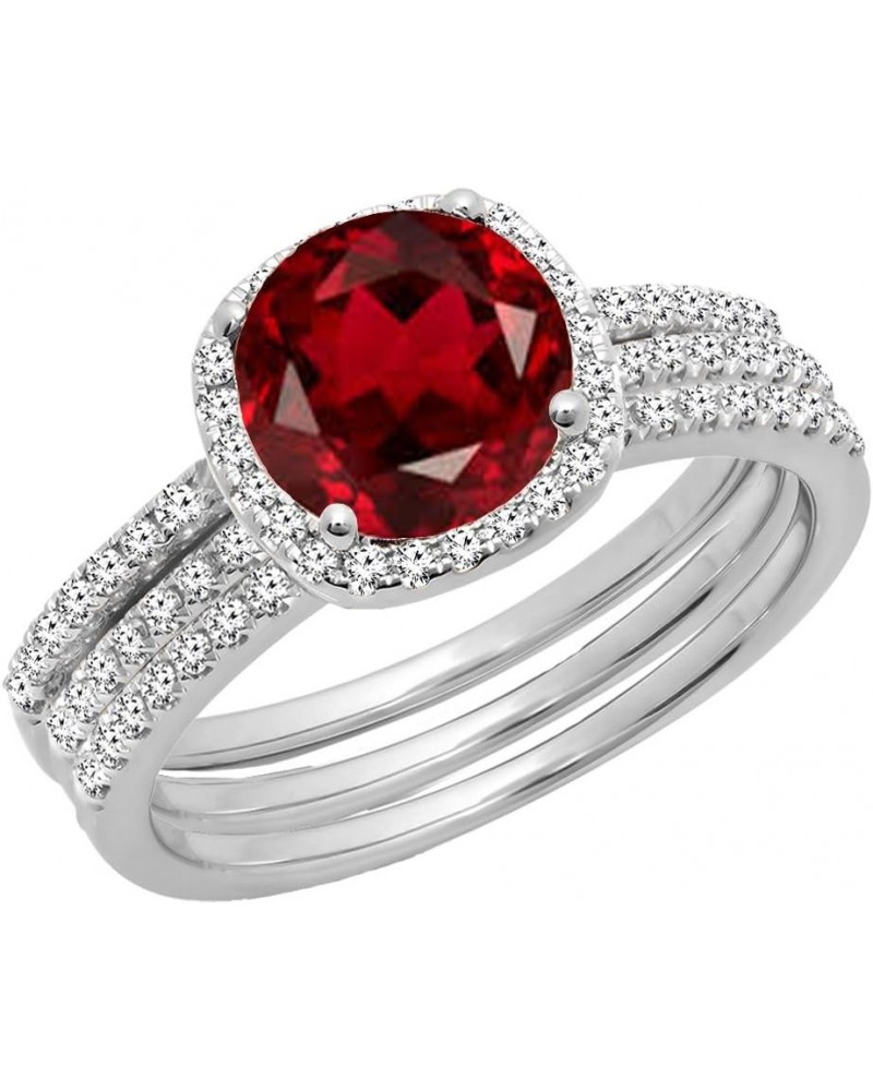 10K 6 MM Round Gemstone & Diamond Ladies Halo Engagement Ring With Double Band Set, White Gold Garnet $324.45 Sets