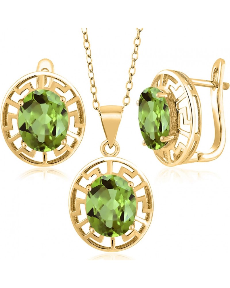 18K Yellow Gold Plated Silver Green Peridot Pendant and Earrings Jewelry Set For Women | 8.40 Cttw | Gemstone August Birthsto...