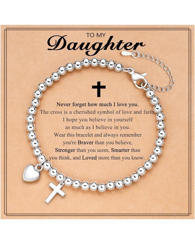 Silver Heart Cross Charm Bracelet for Women Girls, Birthday Christmas Baptism Communion Gifts for Granddaughter/Daughter/Niec...