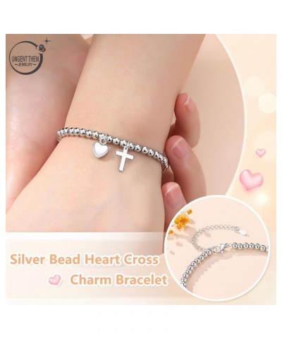 Silver Heart Cross Charm Bracelet for Women Girls, Birthday Christmas Baptism Communion Gifts for Granddaughter/Daughter/Niec...