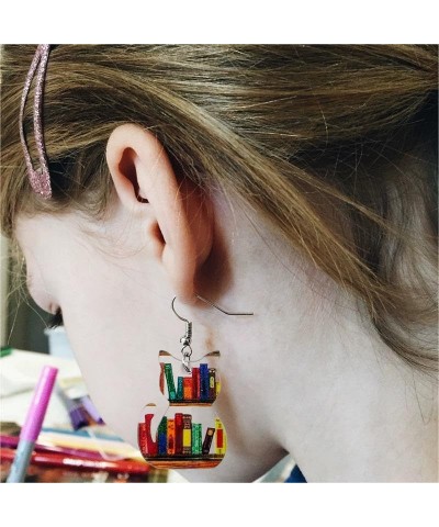 Fun Acrylic Book Earrings for Women, Bookshelf Bookcase Dangle Earring, Cat Book Earring Earrings, Book Lover Gift, Librarian...