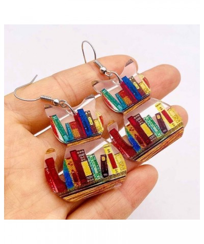 Fun Acrylic Book Earrings for Women, Bookshelf Bookcase Dangle Earring, Cat Book Earring Earrings, Book Lover Gift, Librarian...