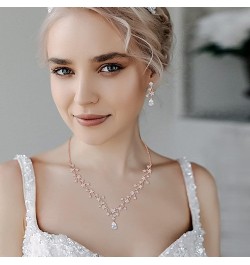 Gorgeous Wedding Jewelry Set for Bridal White Teardrop Round CZ Flower Cluster Vine Necklace Earrings Set Clear Rose Gold-Ton...