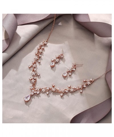 Gorgeous Wedding Jewelry Set for Bridal White Teardrop Round CZ Flower Cluster Vine Necklace Earrings Set Clear Rose Gold-Ton...