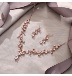 Gorgeous Wedding Jewelry Set for Bridal White Teardrop Round CZ Flower Cluster Vine Necklace Earrings Set Clear Rose Gold-Ton...