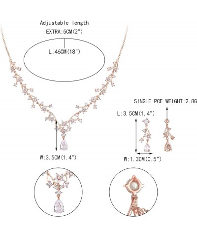 Gorgeous Wedding Jewelry Set for Bridal White Teardrop Round CZ Flower Cluster Vine Necklace Earrings Set Clear Rose Gold-Ton...