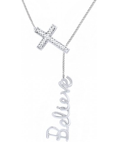 White Natural Diamond Cross with Believe Lariat Pendant Necklace in 14k Gold Over Sterling Silver White Gold Plated Silver $4...