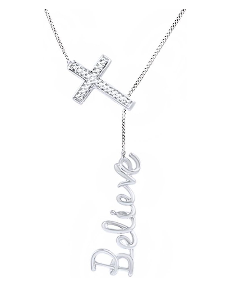 White Natural Diamond Cross with Believe Lariat Pendant Necklace in 14k Gold Over Sterling Silver White Gold Plated Silver $4...