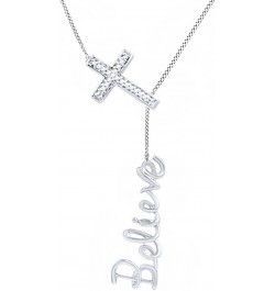 White Natural Diamond Cross with Believe Lariat Pendant Necklace in 14k Gold Over Sterling Silver White Gold Plated Silver $4...