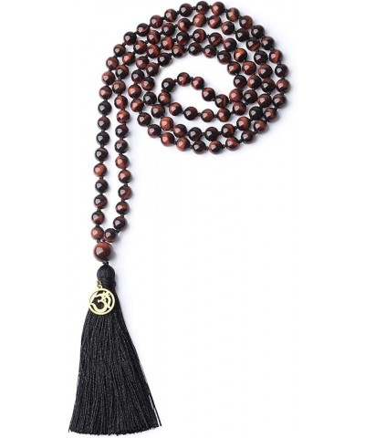 OM Charm Hand Knotted Tassel 108 Mala Beads Necklace 6mm Red Tiger Eye $17.82 Necklaces