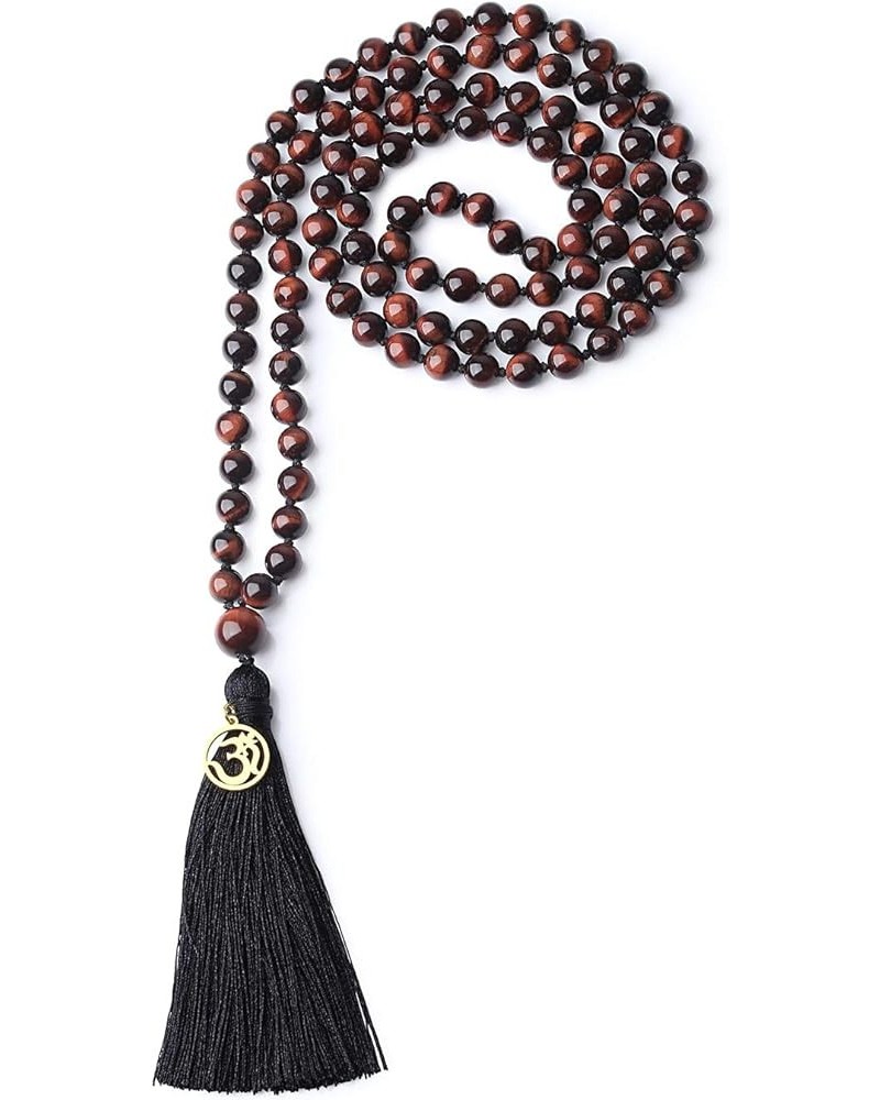 OM Charm Hand Knotted Tassel 108 Mala Beads Necklace 6mm Red Tiger Eye $17.82 Necklaces