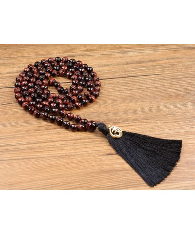 OM Charm Hand Knotted Tassel 108 Mala Beads Necklace 6mm Red Tiger Eye $17.82 Necklaces