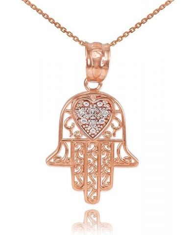 14K Yellow, White, or Rose Gold Diamond-Accented Heart Filigree-Style Hamsa Pendant Necklace (G-H Color, SI1-SI2 Clarity) - C...