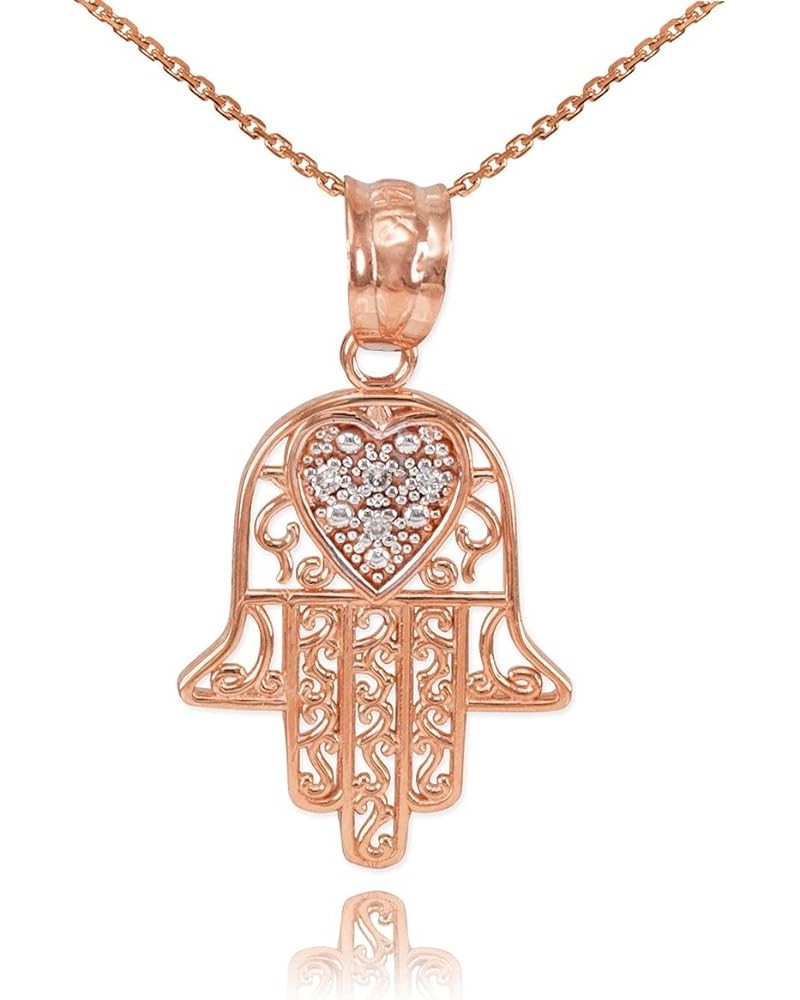 14K Yellow, White, or Rose Gold Diamond-Accented Heart Filigree-Style Hamsa Pendant Necklace (G-H Color, SI1-SI2 Clarity) - C...