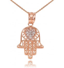 14K Yellow, White, or Rose Gold Diamond-Accented Heart Filigree-Style Hamsa Pendant Necklace (G-H Color, SI1-SI2 Clarity) - C...