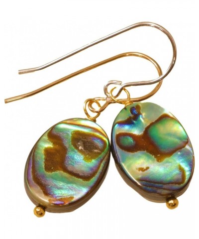 Abalone Earrings Mother of Pearl Paua Shell Oval Peacock Blue Simple MOP Dangles Beaded Accents Yellow Gold $16.92 Earrings