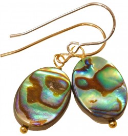 Abalone Earrings Mother of Pearl Paua Shell Oval Peacock Blue Simple MOP Dangles Beaded Accents Yellow Gold $16.92 Earrings