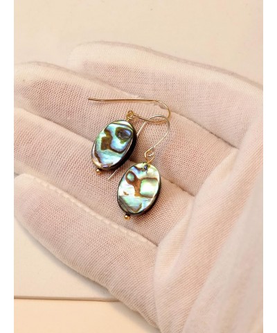 Abalone Earrings Mother of Pearl Paua Shell Oval Peacock Blue Simple MOP Dangles Beaded Accents Yellow Gold $16.92 Earrings