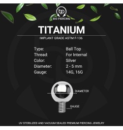 Premium Body Jewelry - Titanium Ball Tops for Internally Threaded Barbells - 16G 14G - Septum Cartilage Helix Tragus Conch Ro...