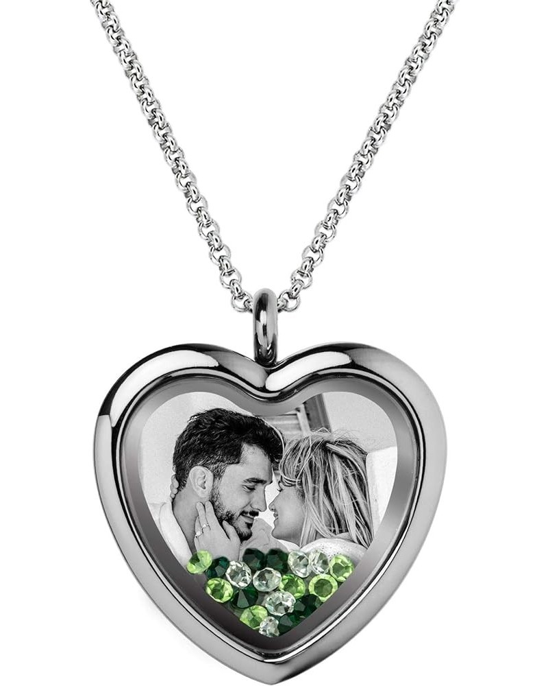 Engraved Personalized Photo & Text Message Heart Floating Crystal Chain Necklace Pendant Handmade Gift Green - 1 side Photo e...