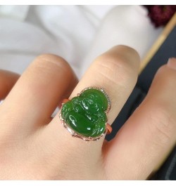 Natural Hetian Jade Buddha Laughing Buddha Ring, Genuine Green Jade Ring for Men Women (Size : Silver) Rose gold $10.80 Rings