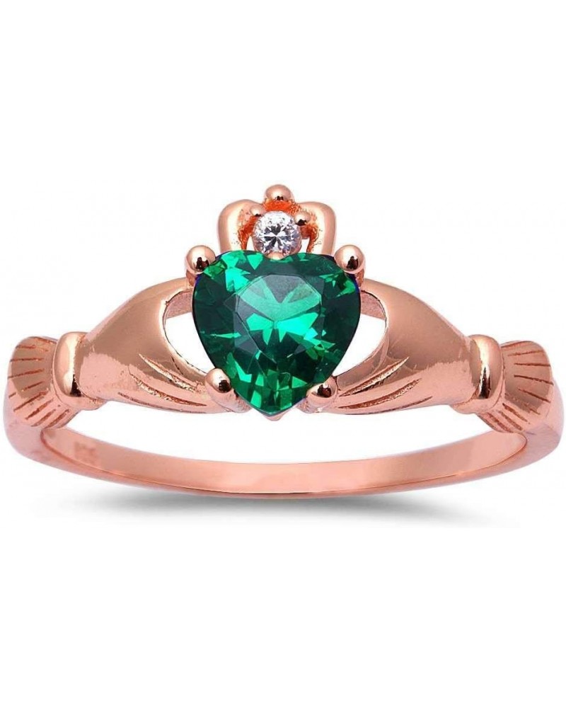 Simulated Emerald Cubic Zirconia Claddagh Benediction Ring Sterling Silver (Color Options, Sizes 3-15) Simulated Emerald Rose...