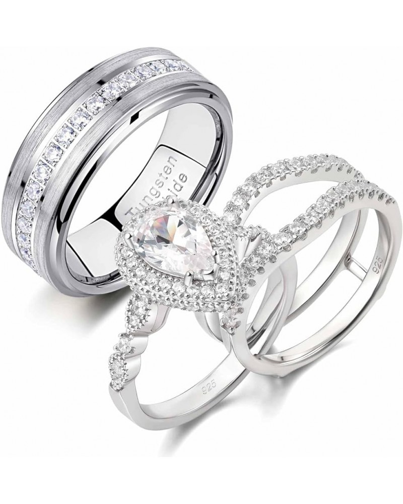 Wedding Ring Sets for Him and Her AAAAA Cz Promise Rings for Couples Women Mens Band Pear Shape Size 5-13 Men's Size 10 & Wom...