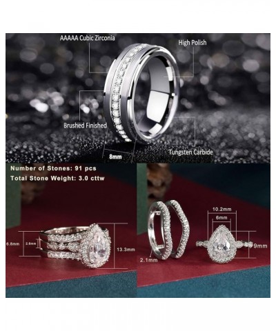 Wedding Ring Sets for Him and Her AAAAA Cz Promise Rings for Couples Women Mens Band Pear Shape Size 5-13 Men's Size 10 & Wom...