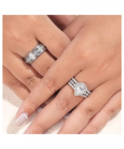 Wedding Ring Sets for Him and Her AAAAA Cz Promise Rings for Couples Women Mens Band Pear Shape Size 5-13 Men's Size 10 & Wom...