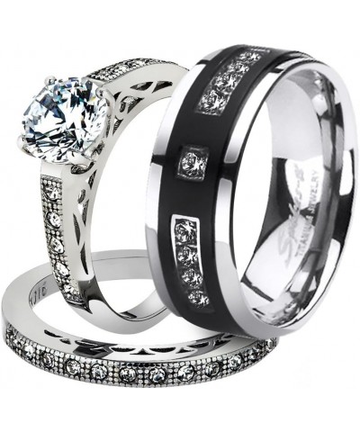 His and Her Stainless Steel 1.39 Carat Cubic Zirconia Bridal Set and Men's Titanium Wedding Band Women's Size 10 Men's Size 1...