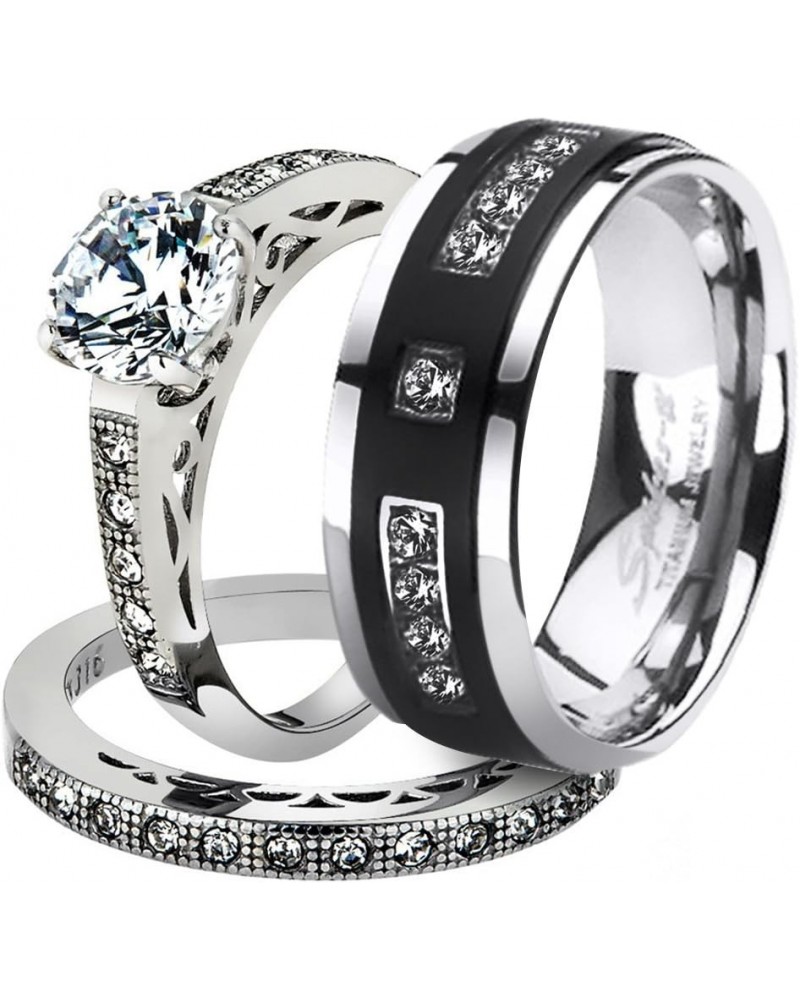 His and Her Stainless Steel 1.39 Carat Cubic Zirconia Bridal Set and Men's Titanium Wedding Band Women's Size 10 Men's Size 1...