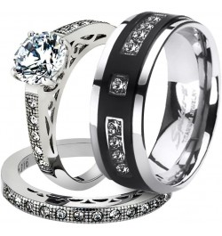 His and Her Stainless Steel 1.39 Carat Cubic Zirconia Bridal Set and Men's Titanium Wedding Band Women's Size 10 Men's Size 1...