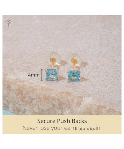 14k White or Yellow Gold Square Stud Earrings for Women with Princess Cut Gemstone 4 mm Birthstone and Push Backs Genuine Swi...