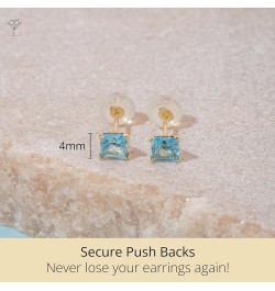 14k White or Yellow Gold Square Stud Earrings for Women with Princess Cut Gemstone 4 mm Birthstone and Push Backs Genuine Swi...